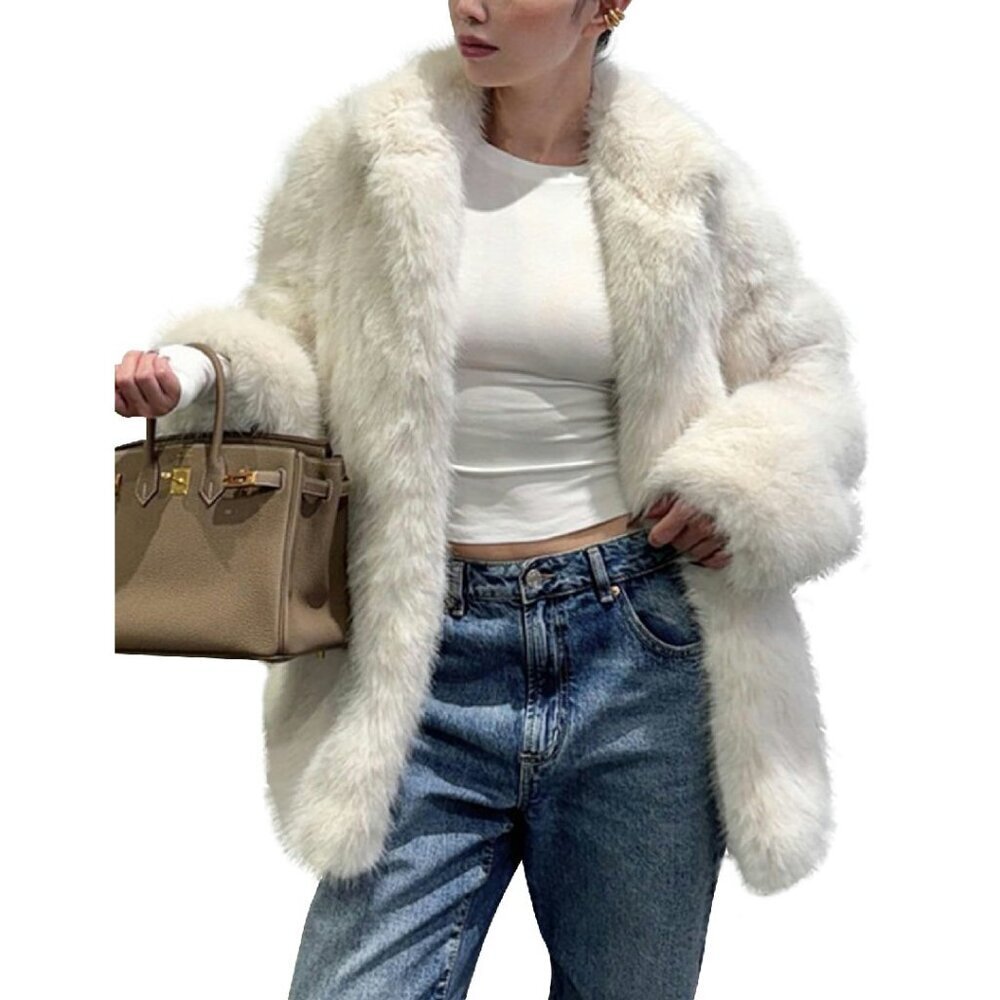 Long Faux Fur Coat Lapel Shaggy Winter Jacket Open Front Outerwear